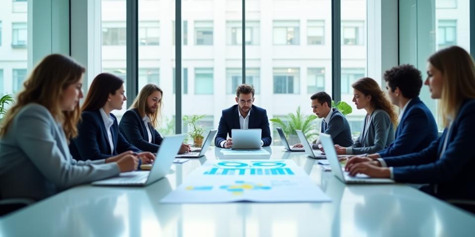 Profissionais de consultoria colaborando em uma mesa de reunião com gráficos e laptops, representando a visão geral dos serviços.