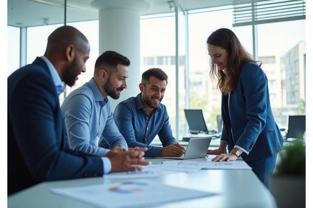 Equipe de consultores profissionais em uma reunião estratégica moderna e colaborativa, simbolizando a história e propósito da empresa.